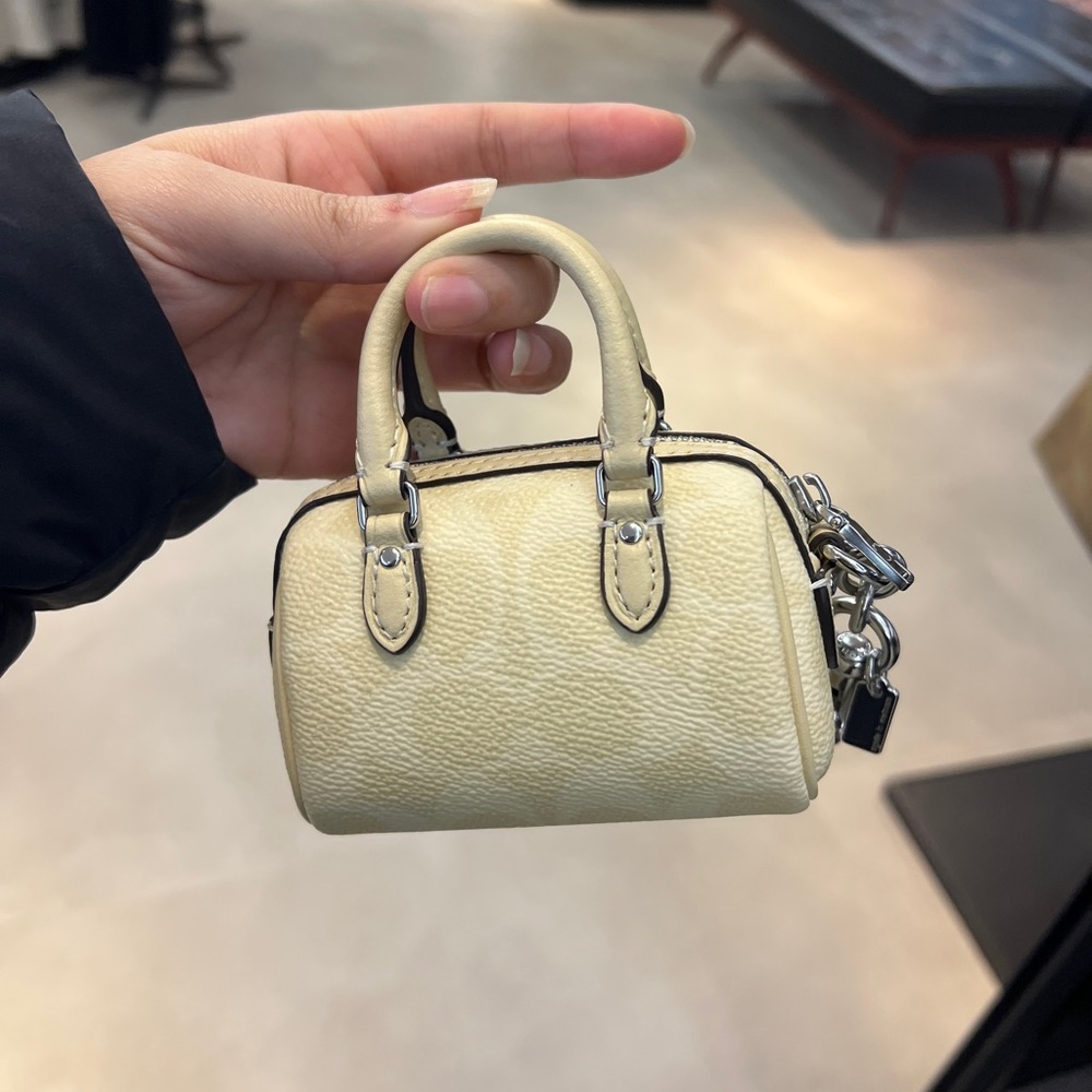 NWT COACH Mini Rowan Bag Charm Signature Canvas CX068 Silver /Hay - Picture 3 of 4